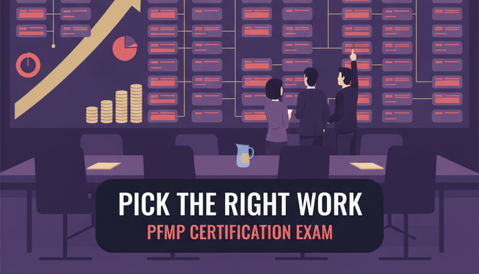PfMP certification banner showing three executives at a floor to ceiling portfolio planning wall of investment cards