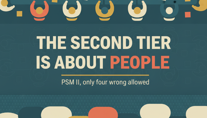 Scrum.org PSM II assessment banner showing a scrum team gathered around a board with coaching and facilitation elements