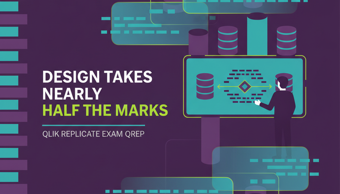 Qlik Replicate certification banner showing a data engineer designing a replication pipeline between source and target systems