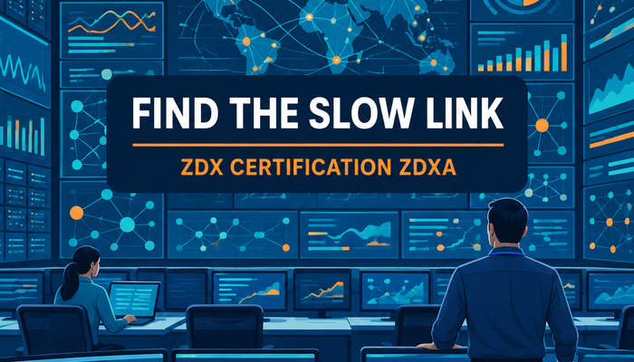 Zscaler ZDX certification banner showing a network operations room where an engineer traces a slow application across wall screens
