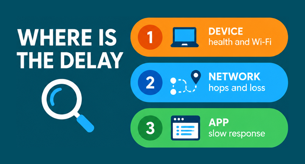 ZDX root cause triage across three tiers: device health and Wi-Fi, network hops and loss, and application response