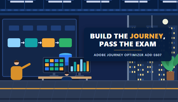 Marketer building a customer journey on screen while preparing for the Adobe Journey Optimizer Business Practitioner Professional AD0-E607 certification