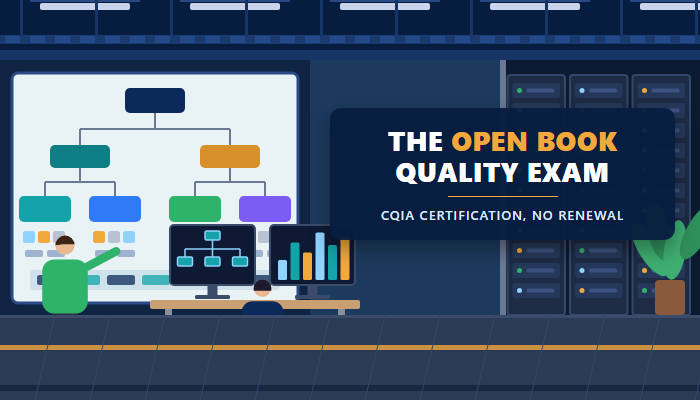 Improvement team reviewing charts at a wall board while preparing for the ASQ Certified Quality Improvement Associate CQIA open book exam